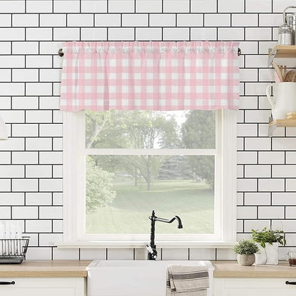 Christmas Valance Curtains for Kitchen Windows Rustic Pink White Buffalo Check Plaid Pattern Rod Pocket Window Treatment Toppers for Kitchen/Living Room/Bedroom/Bathroom, 60" X 18", Farmhouse