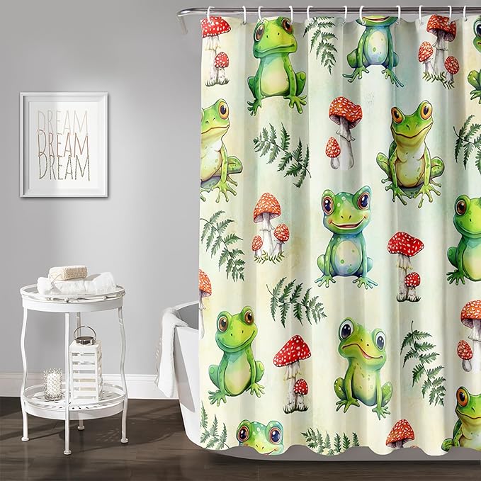 AILONEN Cute Frog Shower Curtain for Bathroom, Mushroom and Frog Bath Curtain,Amphibians Fungus Printed Waterproof Curtain with 12 Plastic Hooks,Green 36" W*72" H