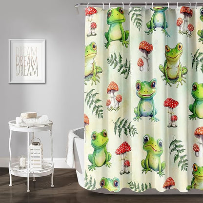 AILONEN Cute Frog Shower Curtain for Bathroom, Mushroom and Frog Bath Curtain,Amphibians Fungus Printed Waterproof Curtain with 12 Plastic Hooks,Green 72" W*72" H