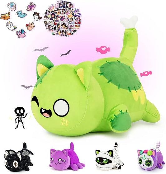 69-PCS 丨 11-inches Luminous Cat Plush + 60-Sticker + 8-Pcs Shoe Charms - Ghost Cat Collection - 100% Embroidered Plushie - Cat Stuffed Animal Collectible (Luminous Cat)