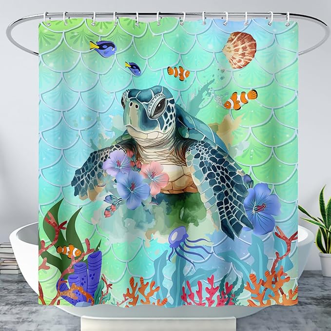 AILONEN Cartoon Sea Turtle Shower Curtain,Kawaii Sea Animal Bathroom Curtains for Kids,Girls,Watercolor Green Ocean Theme Shower Curtains Set with Hooks for Bathroom,72" W*84" H