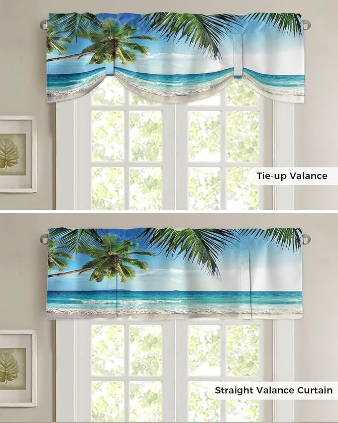 Palms Tree Ocean Blackout Tie Up Valance Curtains for Kitchen Windows Tropical Sea Window Toppers Balloon Shades for Living Room/Bathroom/Bedroom,1 Panel,42" X 12" Beach Theme