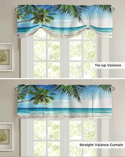 Palms Tree Ocean Blackout Tie Up Valance Curtains for Kitchen Windows Tropical Sea Window Toppers Balloon Shades for Living Room/Bathroom/Bedroom,1 Panel,60" X 18" Beach Theme