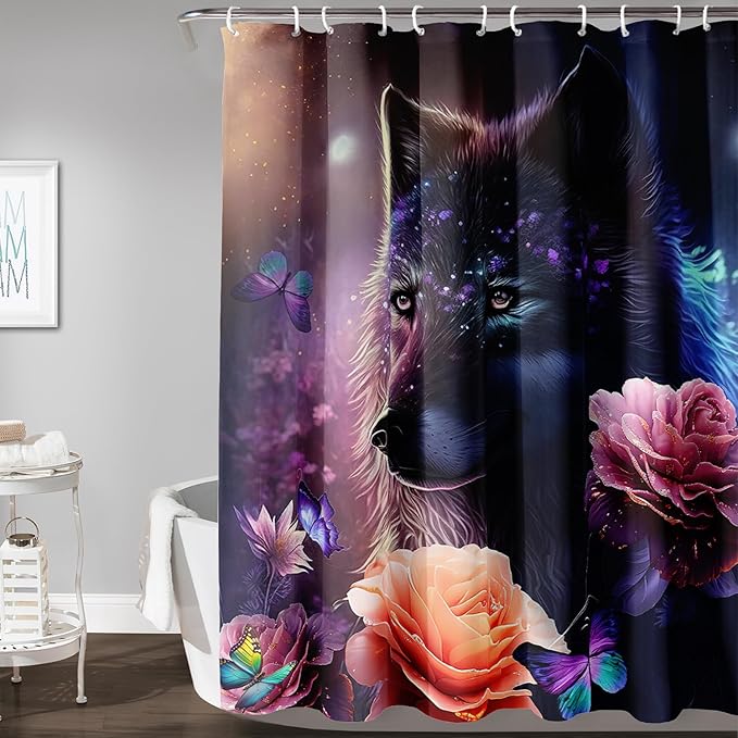 AILONEN Wolf Shower Curtain,Butterfly Flower Wolf Bath Curtain for Kids Boys Girls,Polyester Waterproof for Bathroom with 12 Plastic Hooks 48" W*72" H