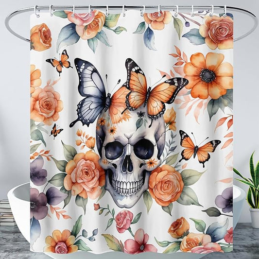 AILONEN 3D Sugar Skull Shower Curtain,Sunflower with Skeleton Design Shower Curtain Set with Hooks for Boys Girls,Butterfly Gothic Skull Waterproof Fabric Shower Curtain for Bathroom,72" W*84" H