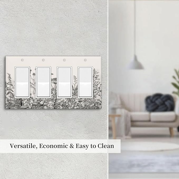Vintage Grey Floral Herbs Wild Flowers Botanical 4 Gang Rocker Decora Boho Light Switch Cover Decorative Country Unique Outlet Covers Wall Plate Electrical Faceplate Switchplate GFCI