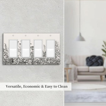 Vintage Grey Floral Herbs Wild Flowers Botanical 4 Gang Rocker Decora Boho Light Switch Cover Decorative Country Unique Outlet Covers Wall Plate Electrical Faceplate Switchplate GFCI