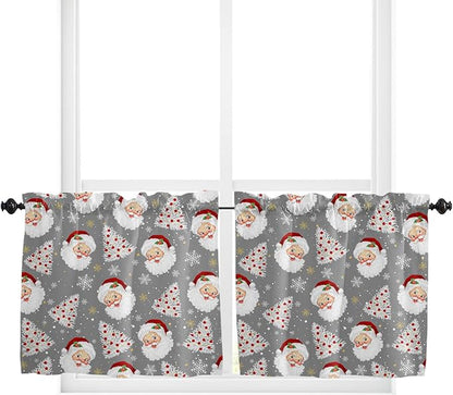 Grey Christmas Kitchen Curtains and Valances Set, Santa Claus Merry Christmas Tree Windows Treatments Tiers Half/Short Curtains for Small Windows Cafe/Living Room/Bedroom 54x36 in Winter Snowflake