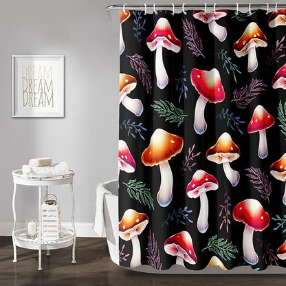 AILONEN Cartoon Mushroom Shower Curtain,Cute Red Mushroom Waterproof Fabric Bath Curtain for Kids Girls Boys,Natural Fungal Plants Shower Curtain Set for Bathroom 72" W*96" H