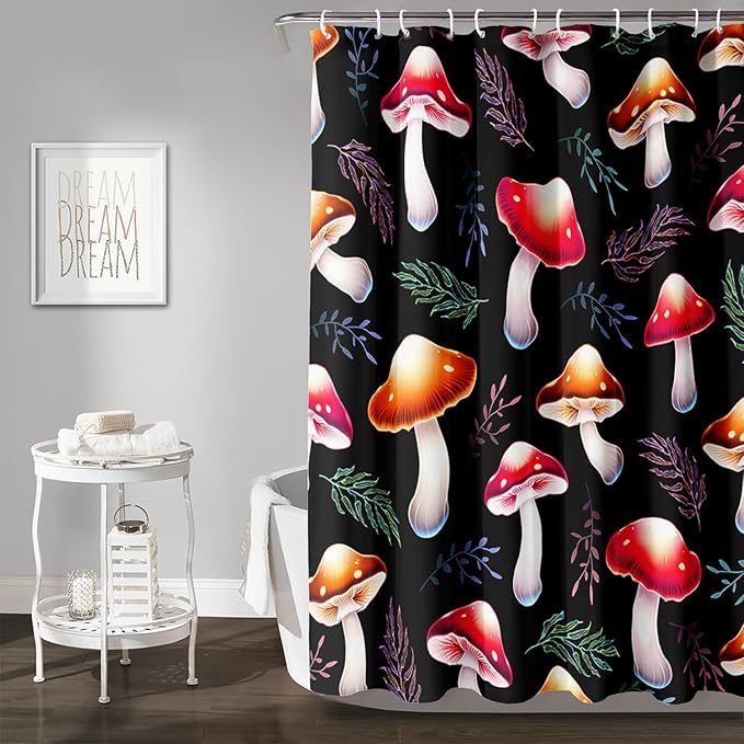 AILONEN Cartoon Mushroom Shower Curtain,Cute Red Mushroom Waterproof Fabric Bath Curtain for Kids Girls Boys,Natural Fungal Plants Shower Curtain Set for Bathroom 72" W*78" H