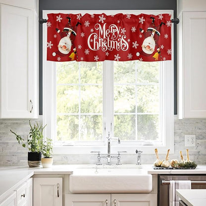Red Merry Christmas Kitchen Curtains and Valances Set, Funny Hanging Santa Windows Treatments Tiers Half/Short Curtains for Small Windows Cafe /Living Room/ Bedroom 54x24 in Snow Winter Holiday