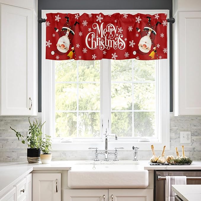Red Merry Christmas Valance Curtains for Kitchen Windows Funny Hanging Santa Rod Pocket Window Treatment Toppers for Kitchen/Living Room/Bedroom/Bathroom, 60" X 18", Snow Winter Holiday