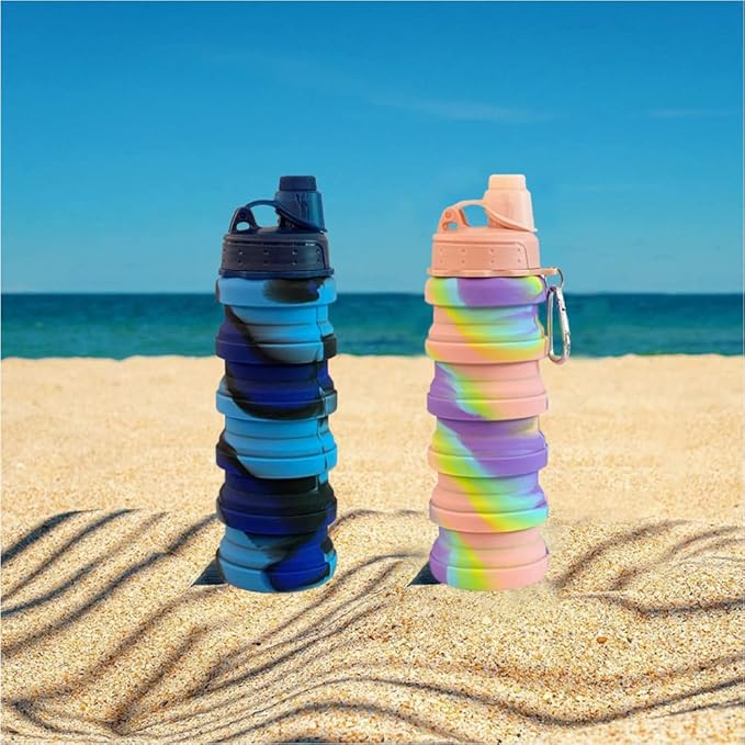 Collapsible Water Bottles 2 pack Travel Water Bottle Portable Hiking Water Bottle with Leak proof 500ML Reusable BPA Free Silicone Water Bottles. (Blue Camouflage +Pink)