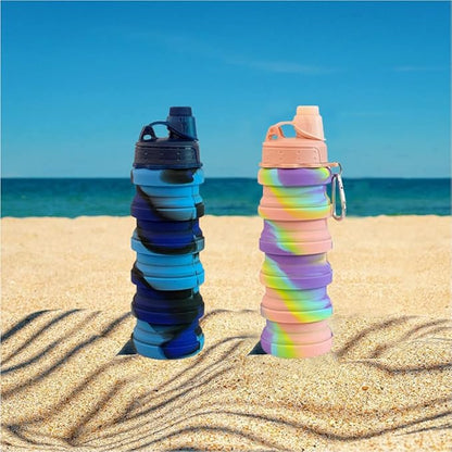 Collapsible Water Bottles 2 pack Travel Water Bottle Portable Hiking Water Bottle with Leak proof 500ML Reusable BPA Free Silicone Water Bottles. (Blue Camouflage +Pink)