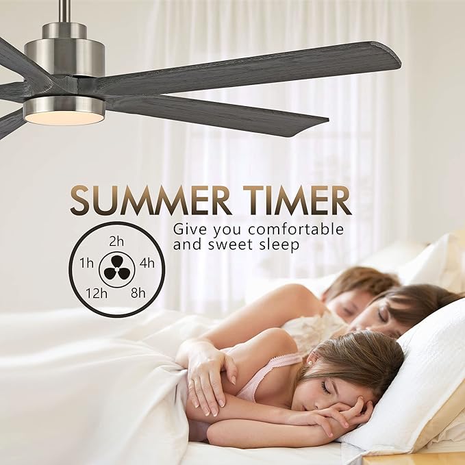 60" Modern Ceiling Fan with Lights and Remote Control, 5 Solid Wood Blades 6-Speed Noiseless Reversible DC Motor, Ceiling Fan for Bedroom Dinning Living Room, Nickel Finish with Wood Blades