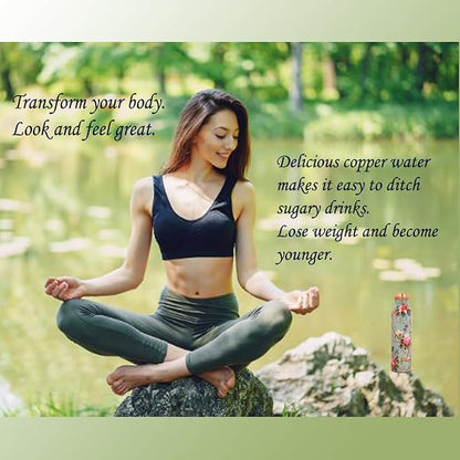 Pure Copper Water Bottle - Handcrafted - Ayurveda health benefits - Large 35 oz - Leak proof - Easy to carry for Sports, Fitness, Yoga, School - Sky Blue Base Floral Vines Colorful Enamel