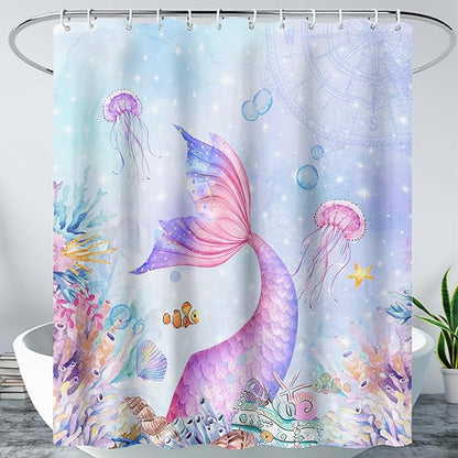 AILONEN Mermaid Shower Curtain,Blue Ocean Coral Jellyfish Coast Bathroom Curtain,Cartoon Mermaid Tail Print Kids Women Girls Bath Curtain 72" W*78" H Polyester Waterproof Shower Curtain with 12 Hooks