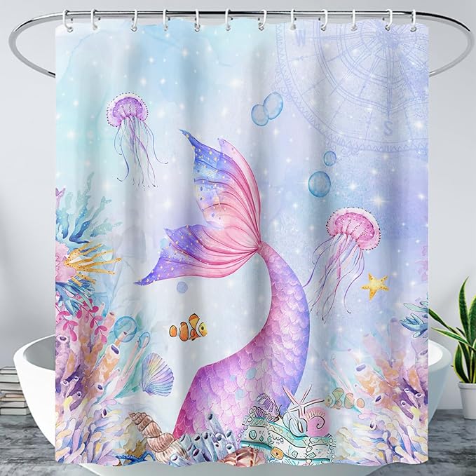 AILONEN Mermaid Shower Curtain,Blue Ocean Coral Jellyfish Coast Bathroom Curtain,Cartoon Mermaid Tail Print Kids Women Girls Bath Curtain 72" W*84" H Polyester Waterproof Shower Curtain with 12 Hooks
