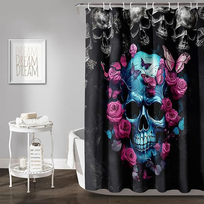 AILONEN 3D Skull Shower Curtain,Oil Ren Rose with Skeleton Design Shower Curtain Set with Hooks for Boys Girls Teens,Gothic Skull Waterproof Fabric Shower Curtain for Bathroom,36" W*72" H
