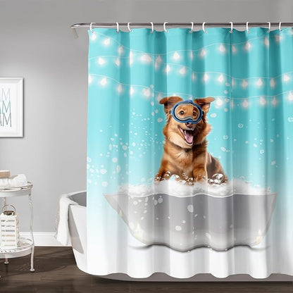 AILONEN 3D Bathtub Dog Shower Curtain for Kids 36" W*72" H Inch,Kawaii Diving Dog Sitting in a Bathtub Shower Curtain,12 Pack Hooks Polyester Waterproof Fabric Decor for Bathroom Bathtub Panels
