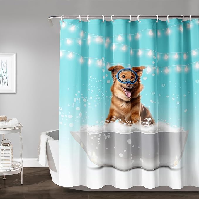 AILONEN 3D Bathtub Dog Shower Curtain for Kids 72" W*96" H Inch,Kawaii Diving Dog Sitting in a Bathtub Shower Curtain,12 Pack Hooks Polyester Waterproof Fabric Decor for Bathroom Bathtub Panels