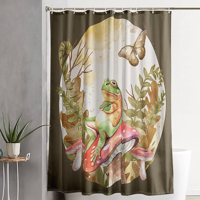 AILONEN Green Frog Mushroom Shower Curtain,Red Mushroom Waterproof Fabric Bath Curtain for Kids Girls Boys,Boho Aesthetic Minimalist Shower Curtain Set for Bathroom with Hooks,48" W*72" H