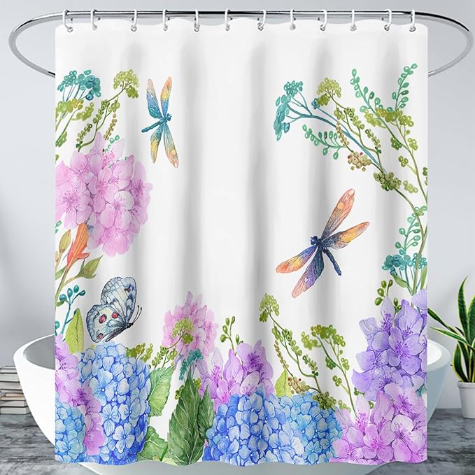 AILONEN Purple Blue Floral Shower Curtain,Watercolor Flower Leaves Wildflower Decorative Bath Curtain 48" W*72" H Polyester Fabric Waterproof Bathroom Curtain with 12 Plastic Hooks