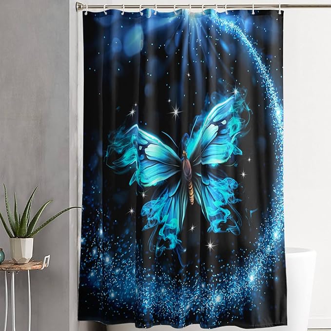 AILONEN Butterfly Shower Curtain Bathroom 48" W*72" H Sparkly Blue Butterflies Curtain Cloth Fabric Bathroom for Girls Kids,Boho Style Shower Curtain Set
