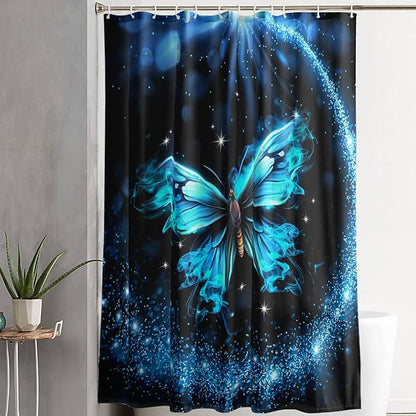 AILONEN Butterfly Shower Curtain Bathroom 72" W*96" H Sparkly Blue Butterflies Curtain Cloth Fabric Bathroom for Girls Kids,Boho Style Shower Curtain Set