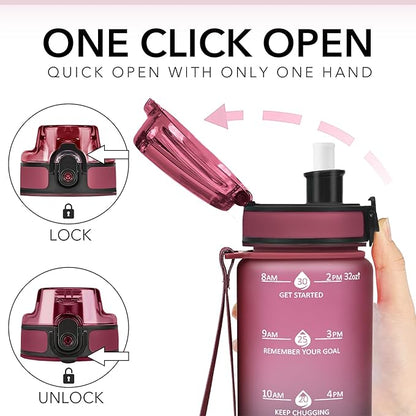 GOSWAG Water Bottles, 32 oz Motivational Sports Water Bottle with Straw and Time Marker to Remind You to Drink, Comes with Carry Strap, Leakproof