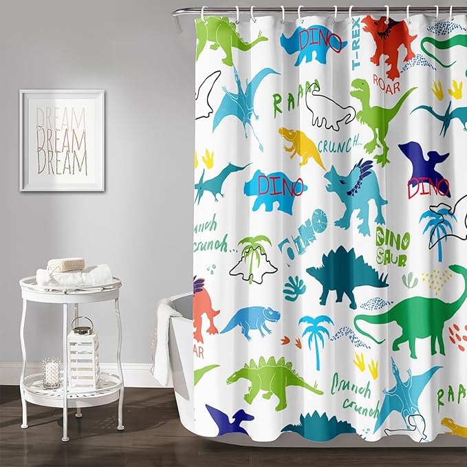 AILONEN Cartoon Dinosaur Shower Curtain for Kids Boys 72" W*72" H Inch,Colorful Dinosaur Pattern Shower Curtain,12 Pack Hooks Polyester Waterproof Fabric Decor for Bathroom