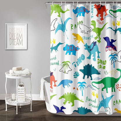 AILONEN Cartoon Dinosaur Shower Curtain for Kids Boys 48" W*72" H Inch,Colorful Dinosaur Pattern Shower Curtain,12 Pack Hooks Polyester Waterproof Fabric Decor for Bathroom