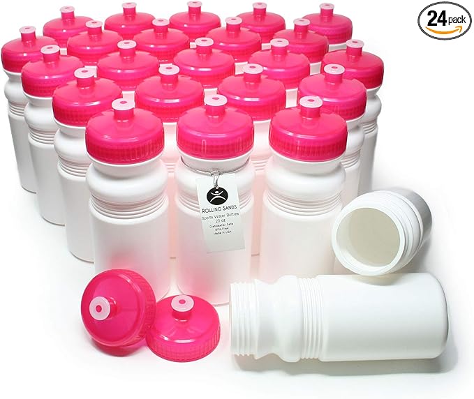 Rolling Sands 20 Ounce Sports Water Bottles 24 Pack, BPA-Free, Made in USA, Dishwasher Safe, White Bottles/Pink