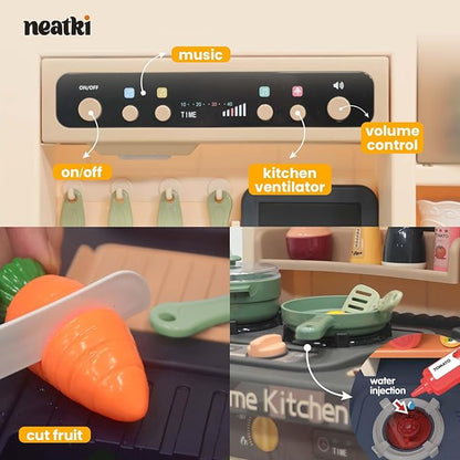 Kids' Play Kitchen Set, 27.95 x 11.22 x 36.81 Inch, 65-Piece Toy Kitchen Playset with Functional Faucet, Realistic Steam Effects, Lights and Sounds, and Other Kitchen Accessories (Dark Gray)