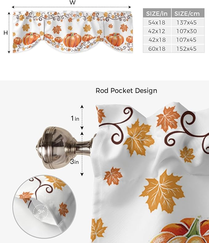 Fall Maple Leaves Blackout Tie Up Valance Curtains for Kitchen Windows Thanksgiving Watercolor Pumpkins Window Toppers Balloon Shades for Living Room/Bathroom/Bedroom,1 Panel,54" X 18" Orange