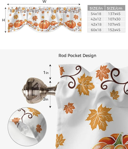 Fall Maple Leaves Blackout Tie Up Valance Curtains for Kitchen Windows Thanksgiving Watercolor Pumpkins Window Toppers Balloon Shades for Living Room/Bathroom/Bedroom,1 Panel,54" X 18" Orange