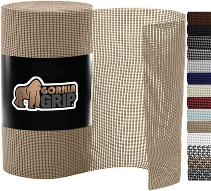 Gorilla Grip powerGRIP Drawer Shelf and Cabinet Liner, Thick Strong Hold, Non-Adhesive Liners Protect Kitchen Cabinets and Cupboard, Bathroom Drawers, Easy Install, Breathable Mat, 12" x10', Beige