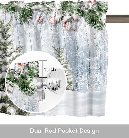 Merry Christmas Valance Curtains for Kitchen Windows Xmas Snowman Snowy Pine Tree Rod Pocket Window Treatment Toppers for Kitchen/Living Room/Bedroom/Bathroom, 60" X 18", Blue Winter