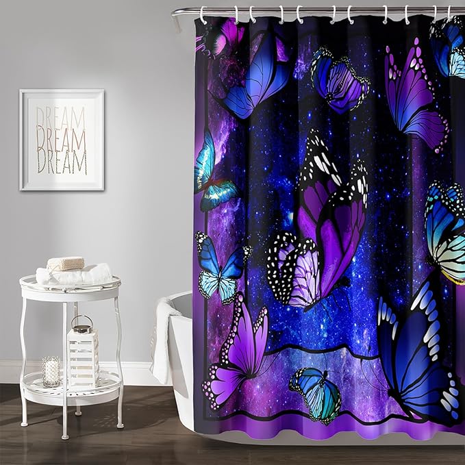 AILONEN Butterfly Shower Curtain for Bathroom Mystic Purple Galaxy Starry Decor Bath Curtain 72" W*78" H Polyester Fabric Waterproof Bathroom Curtain with 12 Hooks
