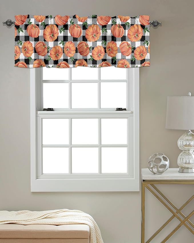 Fall Kitchen Curtains Valances for Windows Thanksgiving Halloween Pumpkins Rod Pocket Window Treatment for Kitchen /Living Room/Bedroom/ Bathroom,42" X 18"-1 Panel, Farmhouse Black White Buffalo Plaid