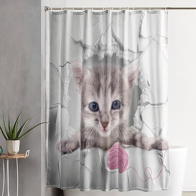 AILONEN 3D Kawaii Cat Shower Curtain, Beautiful Fuzzy Ball Kitten Shower Curtain for Kids Girls Boys Bathroom Decor,Cute Pet Animal Cat Lover Waterproof Shower Curtains Sets with Hooks,72" W*96" H