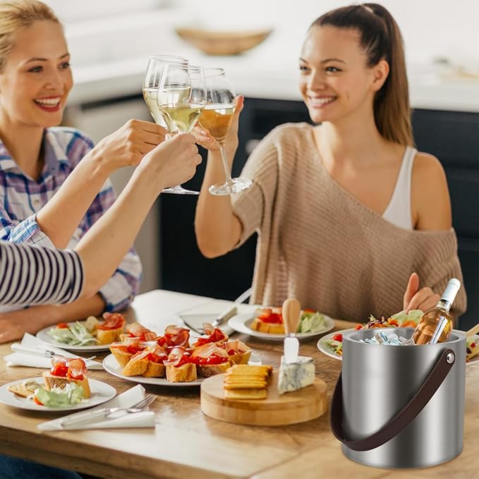 3L Large Ice Bucket with Lid, Ice Tong, Strainer & Leather Handle Keep Ice Frozen Longer Large Wine Ice Buckets for Parties,Cocktail Bar, Chilling Beer Champagne, Dark Brown Handle 3L