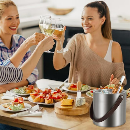 3L Large Ice Bucket with Lid, Ice Tong, Strainer & Leather Handle Keep Ice Frozen Longer Large Wine Ice Buckets for Parties,Cocktail Bar, Chilling Beer Champagne, Dark Brown Handle 3L