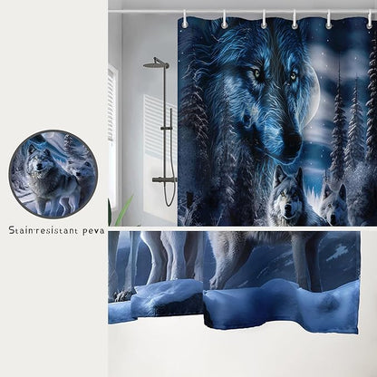 AILONEN Boys Snow Wolf Shower Curtain for Bathroom Decor,3D Night Galaxy Starry Wolf Decor Bath Curtain 72" W*78" H Polyester Fabric Waterproof Bathroom Curtain with 12 Hooks