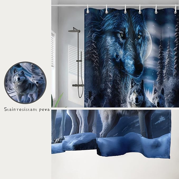 AILONEN Boys Snow Wolf Shower Curtain for Bathroom Decor,3D Night Galaxy Starry Wolf Decor Bath Curtain 60" W*72" H Polyester Fabric Waterproof Bathroom Curtain with 12 Hooks