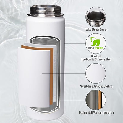 24oz Insulated Water Bottle with Handle, Stainless Steel Water Bottles with Wide Mouth, Double Wall Vacuum Sports Water Bottle, BPA Free, Keep Cold and Hot, White