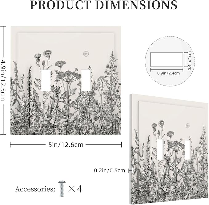 Vintage Grey Floral Herbs Wild Flowers Botanical Double Toggle Boho Light Switch Covers Decorative Country Unique 2 Gang Wall Plate Dual Electrical Faceplate Switchplate for Living Room