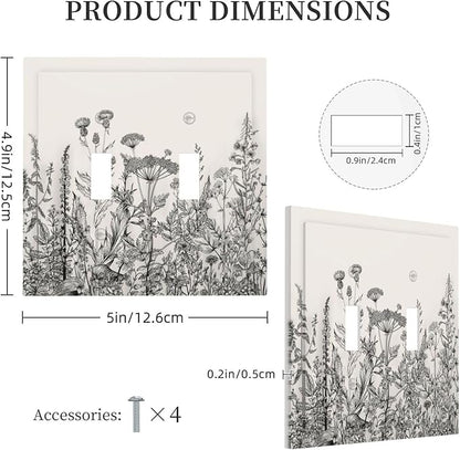 Vintage Grey Floral Herbs Wild Flowers Botanical Double Toggle Boho Light Switch Covers Decorative Country Unique 2 Gang Wall Plate Dual Electrical Faceplate Switchplate for Living Room