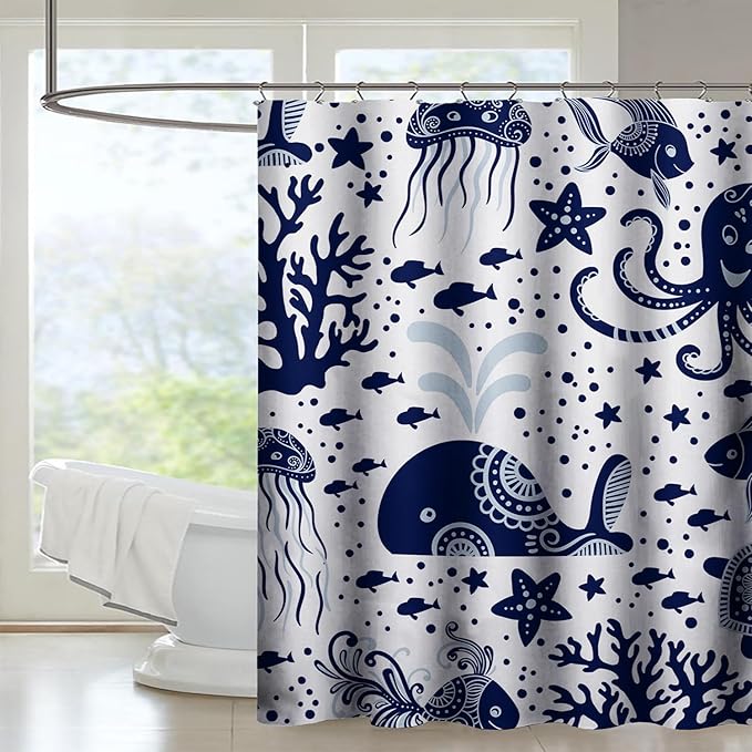 AILONEN Cartoon Dolphin Shower Curtain for Kids 36" W*72" H Inch,Blue Whales Octopuses Turtles Pattern Shower Curtain,Ocean Life Theme 12 Pack Hooks Polyester Waterproof Fabric Decor for Bathroom