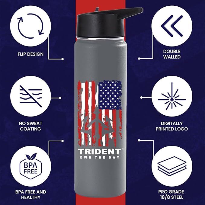 American Flag Water Bottle, 21 oz Insulated Water Bottle, Reusable Water Bottle with Straw, Leak Proof Water Bottles, Thermos Water Bottle - Retired Navy Combat Vet Small Business (Gray, 21 Oz)